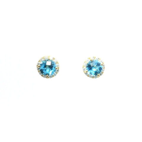 YELLOW GOLD SWISS BLUE TOPAZ AND DIAMOND HALO STUD EARRINGS 210-03209