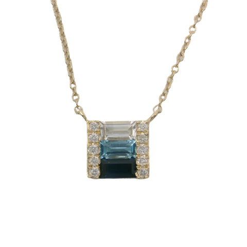 14K Yellow Gold Baguette Blue and White Topaz, Baguette Sapphire, and Diamond Accent Pendant