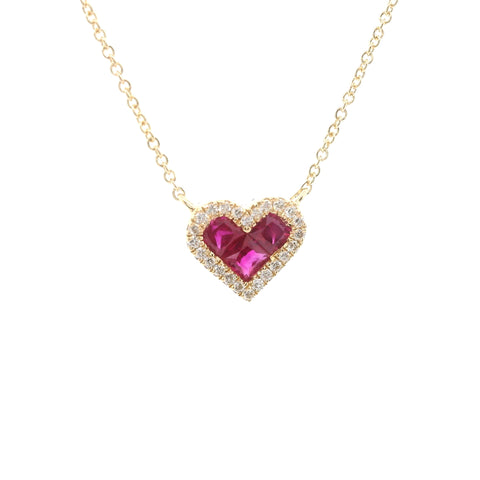 YELLOW GOLD NATURAL RUBY & DIAMOND HEART NECKLACE 231-00258