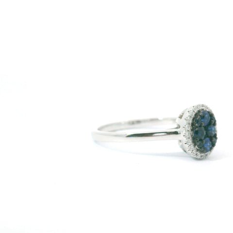 14KT WHITE GOLD SAPPHIRE CLUSTER RING WITH DIAMOND HALO 201-00404