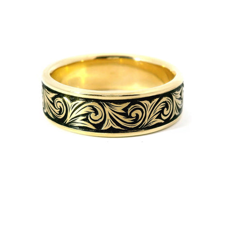 8MM 14KT YELLOW GOLD HAND ENGRAVED RING WITH ANTIQUING 400-08257