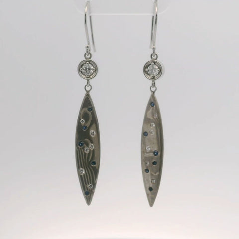 Mokume Gane Diamond and Sapphire Dangle Earrings