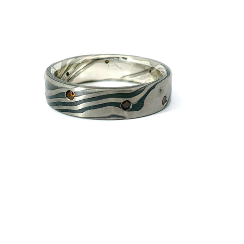 6MM STERLING SLIVER AND PALLADIUM 500 MOKUME GANE RING WITH FLUSH SET CHAMPAGNE DIAMONDS 675-00192