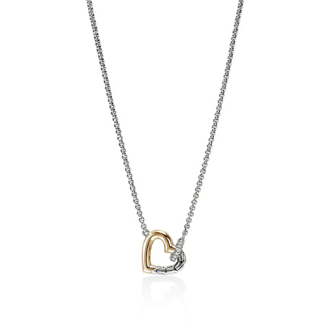 John Hardy Essential Heart Link Necklace, Sterling Silver, Gold, Diamonds, 1.5MM NZZP989722DI
