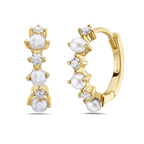 14KT YELLOW GOLD PEARL AND DIAMOND HOOP EARRINGS 310-02168
