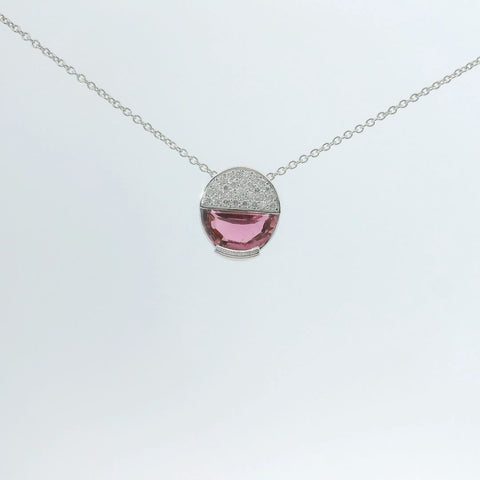 Necklace with a pink gemstone pendant viewed from the front