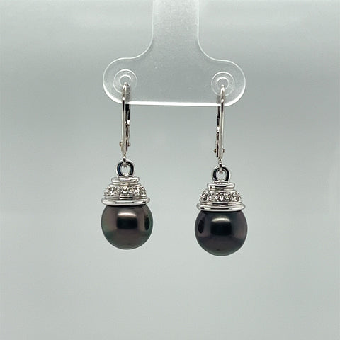 Tahitian Pearl and Diamond Euro Wire Dangle Earrings