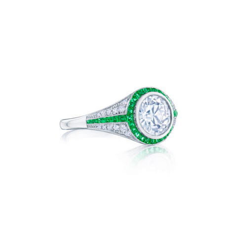 KWIAT Diamond Engagement with Emerald Accents Ring F-1068FLOE-0-DIAEME-PLAT