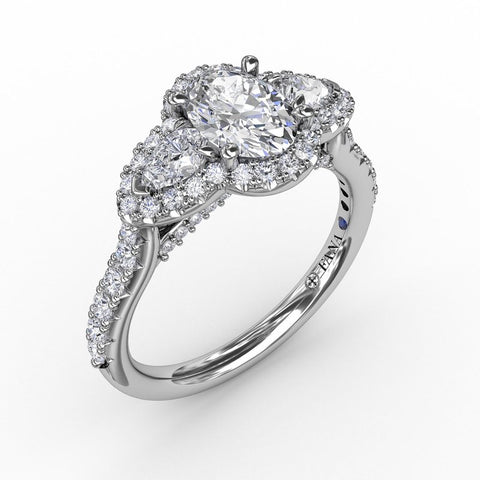 Fana Three-Stone Round Diamond Halo Engagement Ring S3218