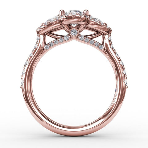 Fana Three-Stone Round Diamond Halo Engagement Ring 3218