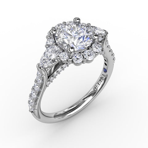 Fana Three-Stone Diamond Halo Engagement Ring With Pear-Shape Side Stones S3231