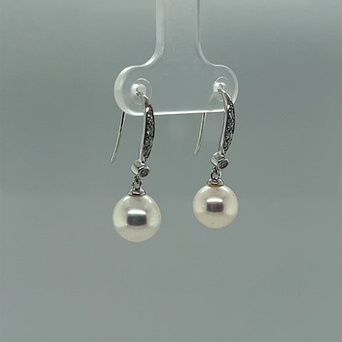 Fresh Water White Pearl and Diamond Dangle Earrings