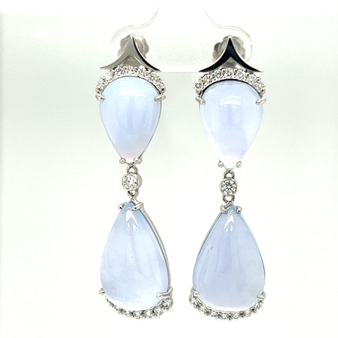 14K White Gold 30.88 CTW Chalcedony and Diamond Dangle Earrings