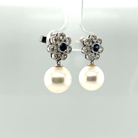 White Fresh Water Pearl with Sapphire and Diamond Dangle Earrings