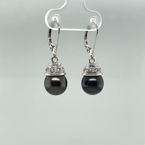 Tahitian Pearl and Diamond Euro Wire Dangle Earrings