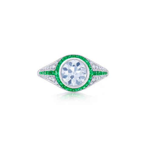 KWIAT Diamond Engagement with Emerald Accents Ring F-1068FLOE-0-DIAEME-PLAT