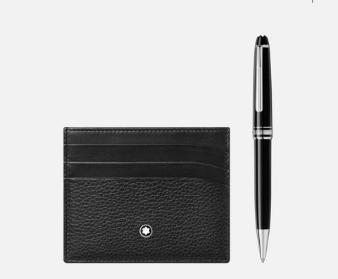 Montblanc Set with Meisterstück Platinum-Coated Classique Ballpoint Pen and Meisterstück Soft Grain Pocket 6cc MB128955