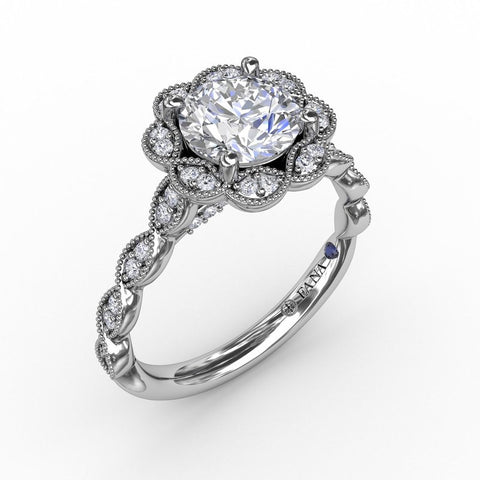 Fana Round Diamond Engagement Ring With Floral Halo and Milgrain Details S3214