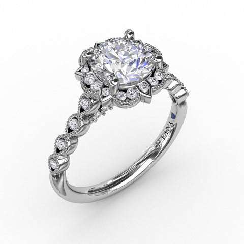 Fana Round Diamond Engagement With Floral Halo and Milgrain Details 3311