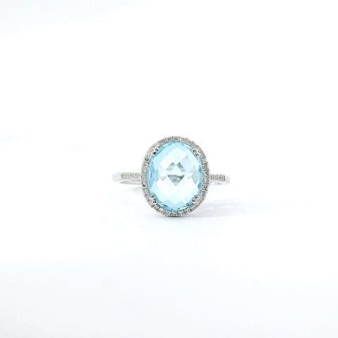 14K White Gold Swiss Blue Topaz Ring with Diamond Halo and Accents