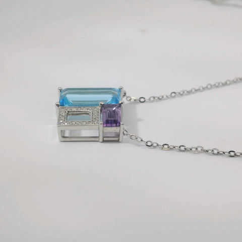 14K White Gold Blue Topaz and Amethyst Necklace