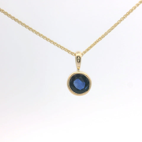 YELLOW GOLD ROUND BLUE SAPPHIRE BEZEL SET PENDANT 231-00264