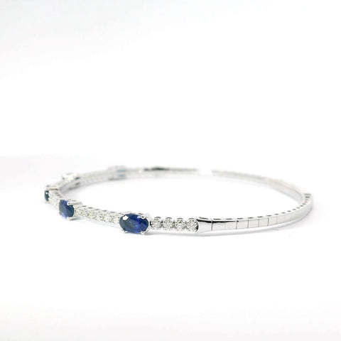 14K White Gold Flexible Natural Diamond and Sapphire Bangle Bracelet