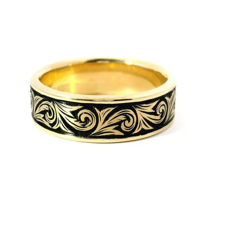 8MM 14KT YELLOW GOLD HAND ENGRAVED RING WITH ANTIQUING 400-08257