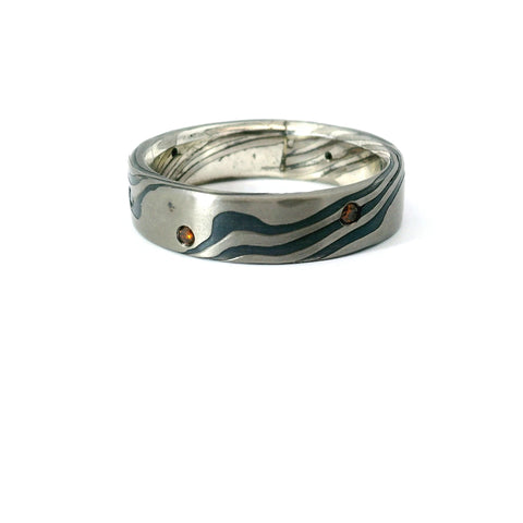 6MM STERLING SLIVER AND PALLADIUM 500  MOKUME GANE RING WITH FLUSH SET CHAMPAGNE DIAMONDS 675-00192