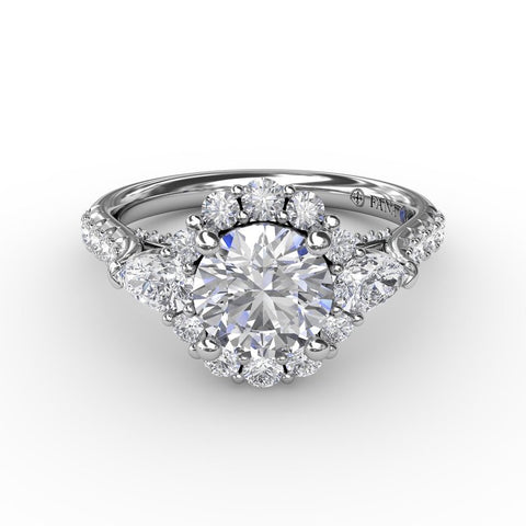 Fana Three-Stone Diamond Halo Engagement Ring With Pear-Shape Side Stones S3231