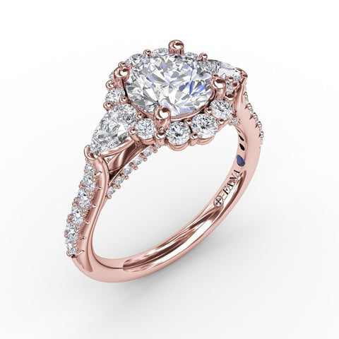 Fana Three-Stone Diamond Halo Engagement Ring With Pear-Shape Side Stones S3231