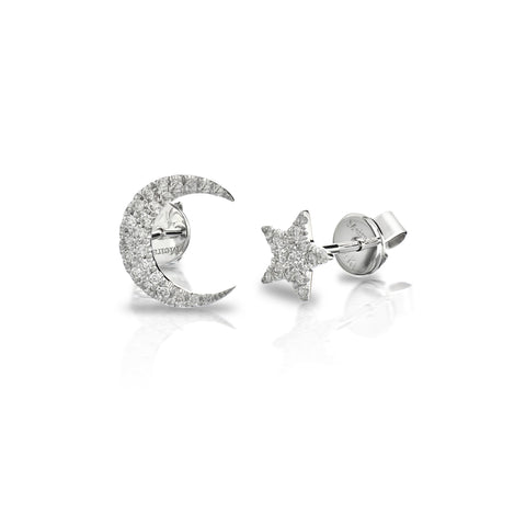 White Gold Pave Diamond Moon and Star Earring Set