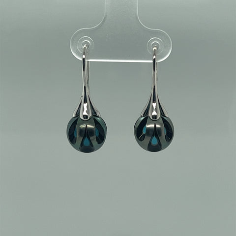 Galatea Black South Sea Pearl and Turquoise Dangle Earrings