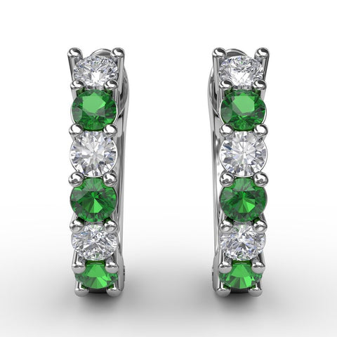 FANA Shared Prong Emerald and Diamond Hoop Earrings ER1494E