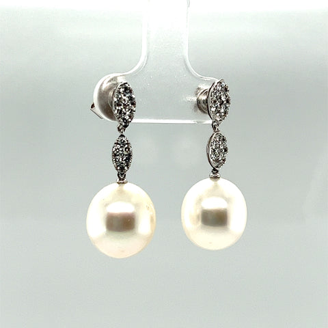 White South Sea Pearl and Diamond Dangle Earrings