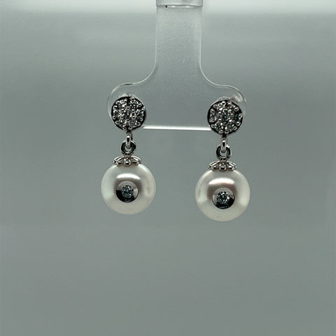 Galatea White Button Pearl and Diamond Dangle Earrings