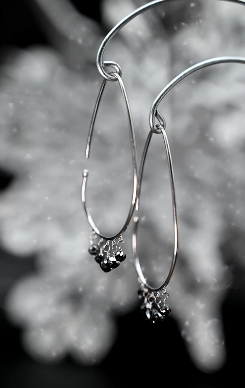 14k White Gold Wire Hoops with Black Diamond Dangles