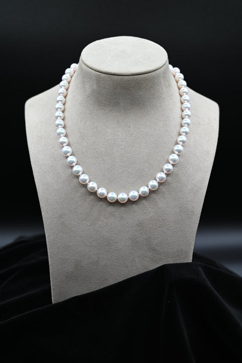 Fresh Water Cultured White Pearl Necklace with 18k Yellow Gold Diamond Accent Clasp