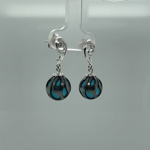 Galatea Black South Sea Pearl and Turquoise Diamond accent Dangle Earrings