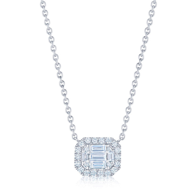Emerald Cut Diamond Halo Pendant Necklace 14K White Gold