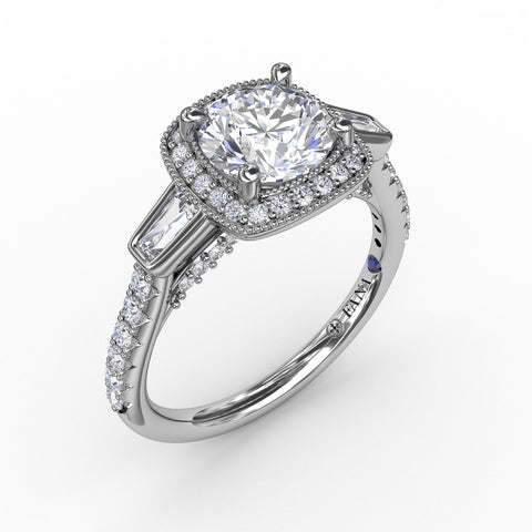 Fana Three-Stone Diamond Halo Engagement Ring with Baguette Side Stones 3285