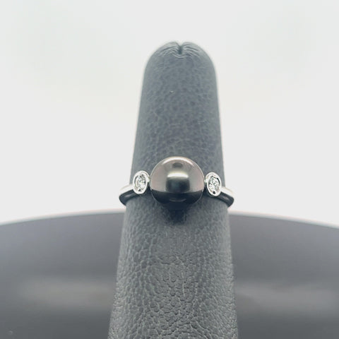 18k White Gold Black South Sea Pearl and Diamond Three Stone Ring