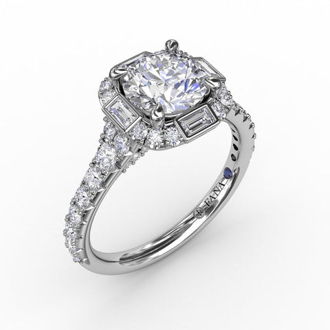 Fana Cushion Shaped Diamond Halo Engagement Ring With Baguettes S3286